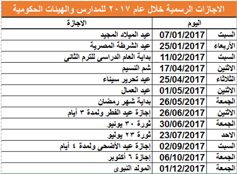 الاجازات الرسمية خلال عام 2017 للمدارس والهيئات الحكومية  15337410