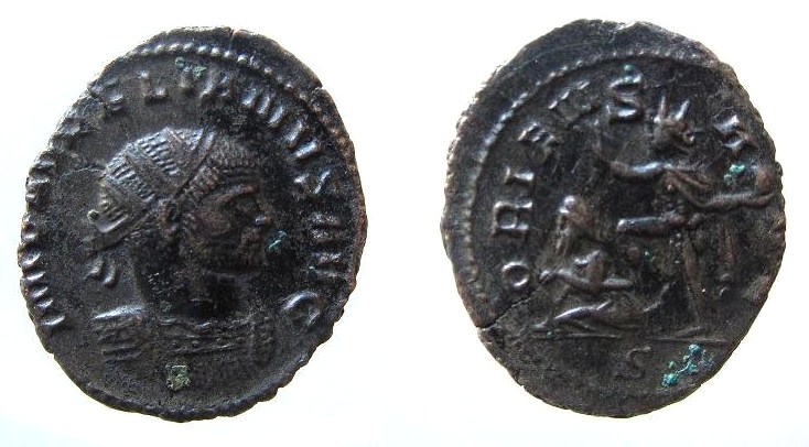 Antoniniano de Aureliano. ORIENS AVG . Sol estante de frente con cautivo. Ceca Roma. Img_5311