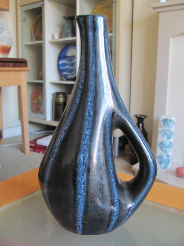 Black with blue stripes handled vase, signed, German? 00216