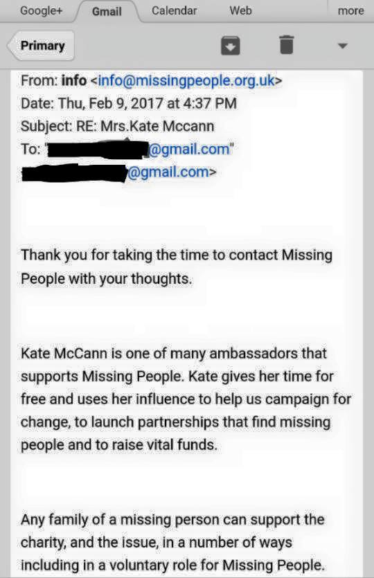 Email to Missing People re: Kate McCann as Ambassador 239