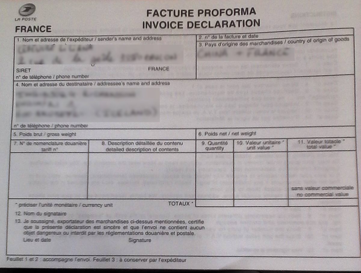Envoi à l'etranger Remplir une facture proforma