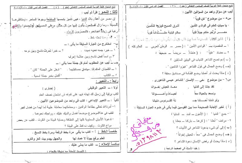 امتحان لغه عربية لصف السادس الابتدائي 2011 - محافظة القاهرة _2_110