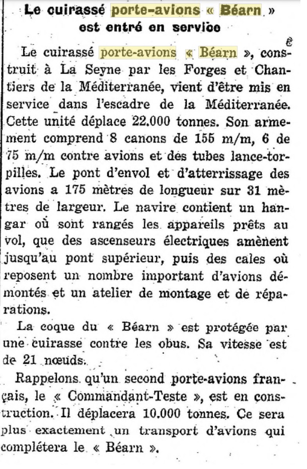 L'actualité du navire Béarn au travers de la presse 19270912