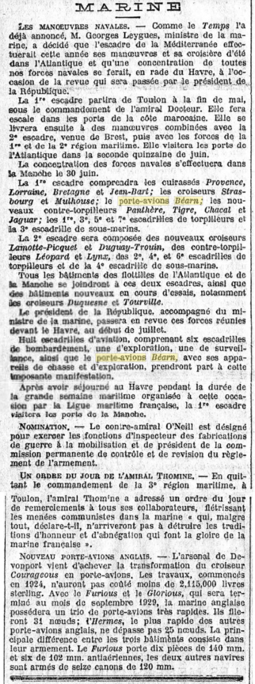 L'actualité du navire Béarn au travers de la presse 19280413