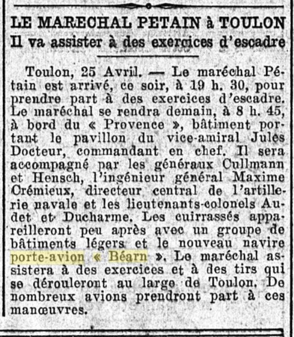 L'actualité du navire Béarn au travers de la presse 19280415