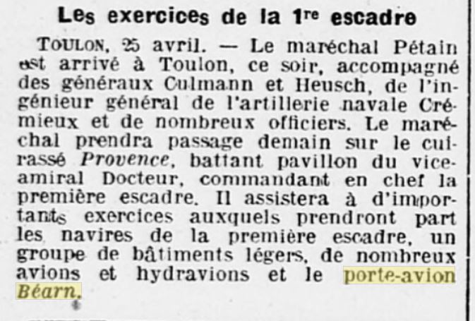 L'actualité du navire Béarn au travers de la presse 19280419