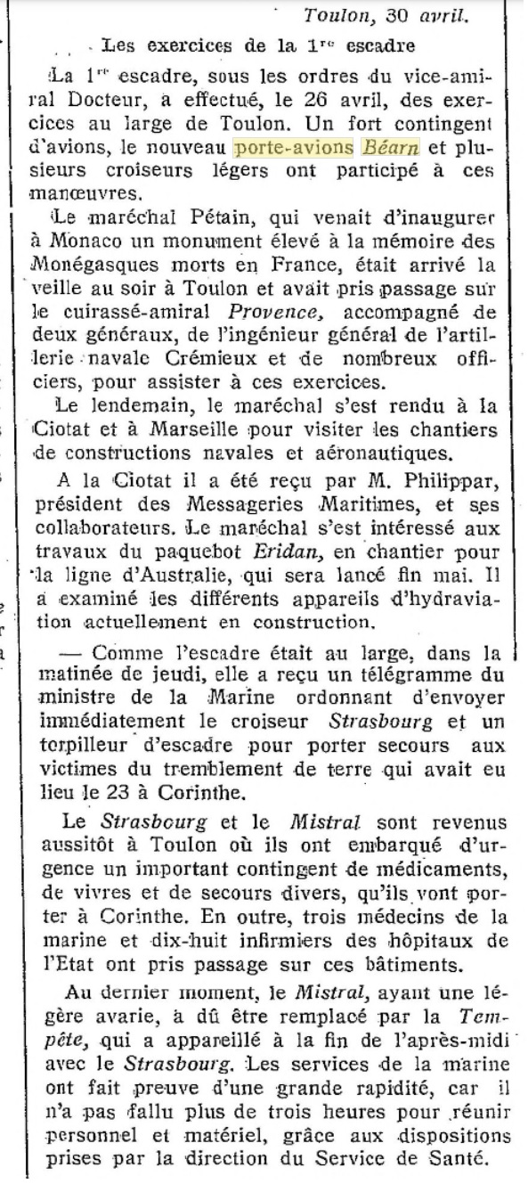 L'actualité du navire Béarn au travers de la presse 19280512