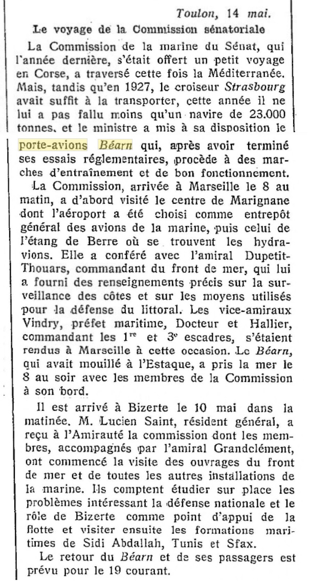 L'actualité du navire Béarn au travers de la presse 19280518