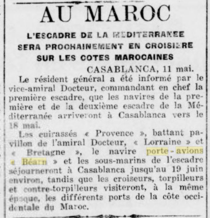 L'actualité du navire Béarn au travers de la presse 19290511