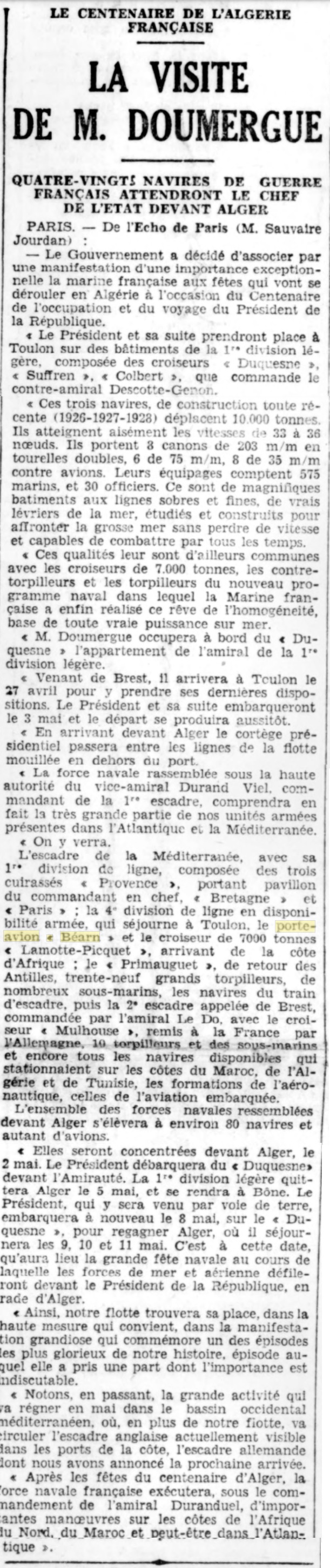  L'actualité du navire Béarn au travers de la presse (années 30 à 35) 19300411