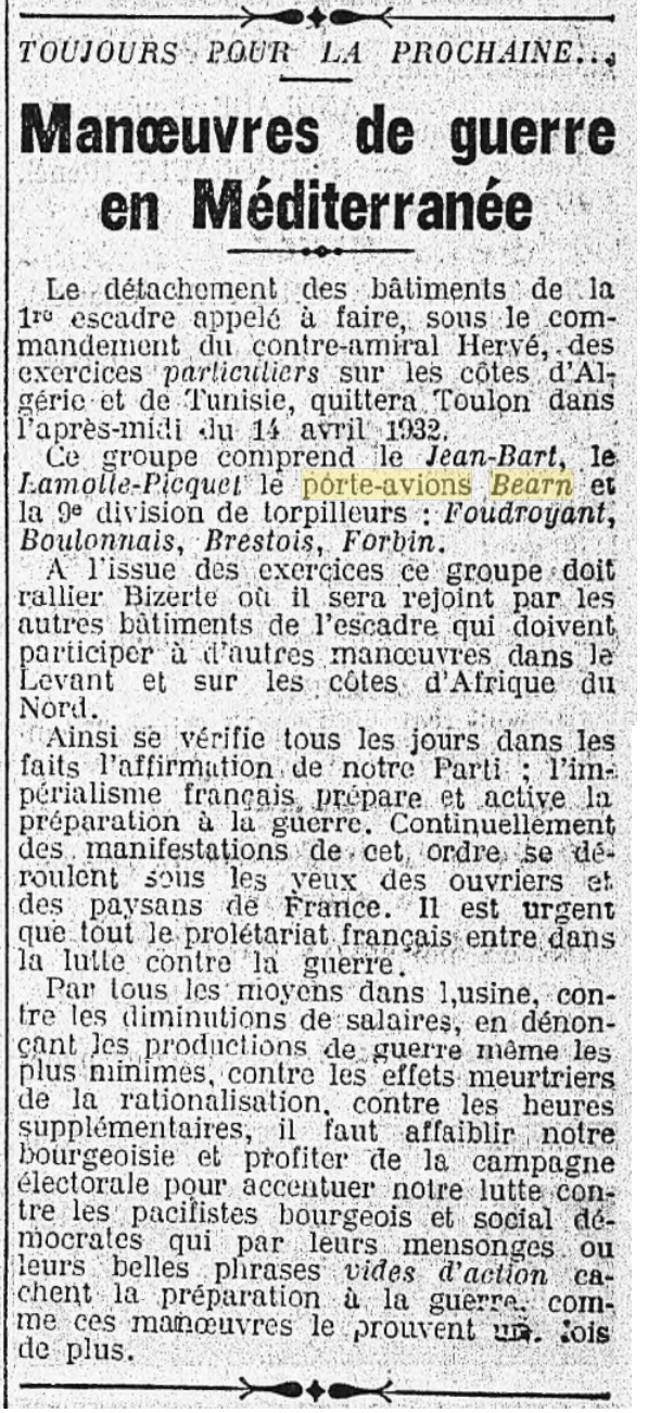  L'actualité du navire Béarn au travers de la presse (années 30 à 35) 19320421