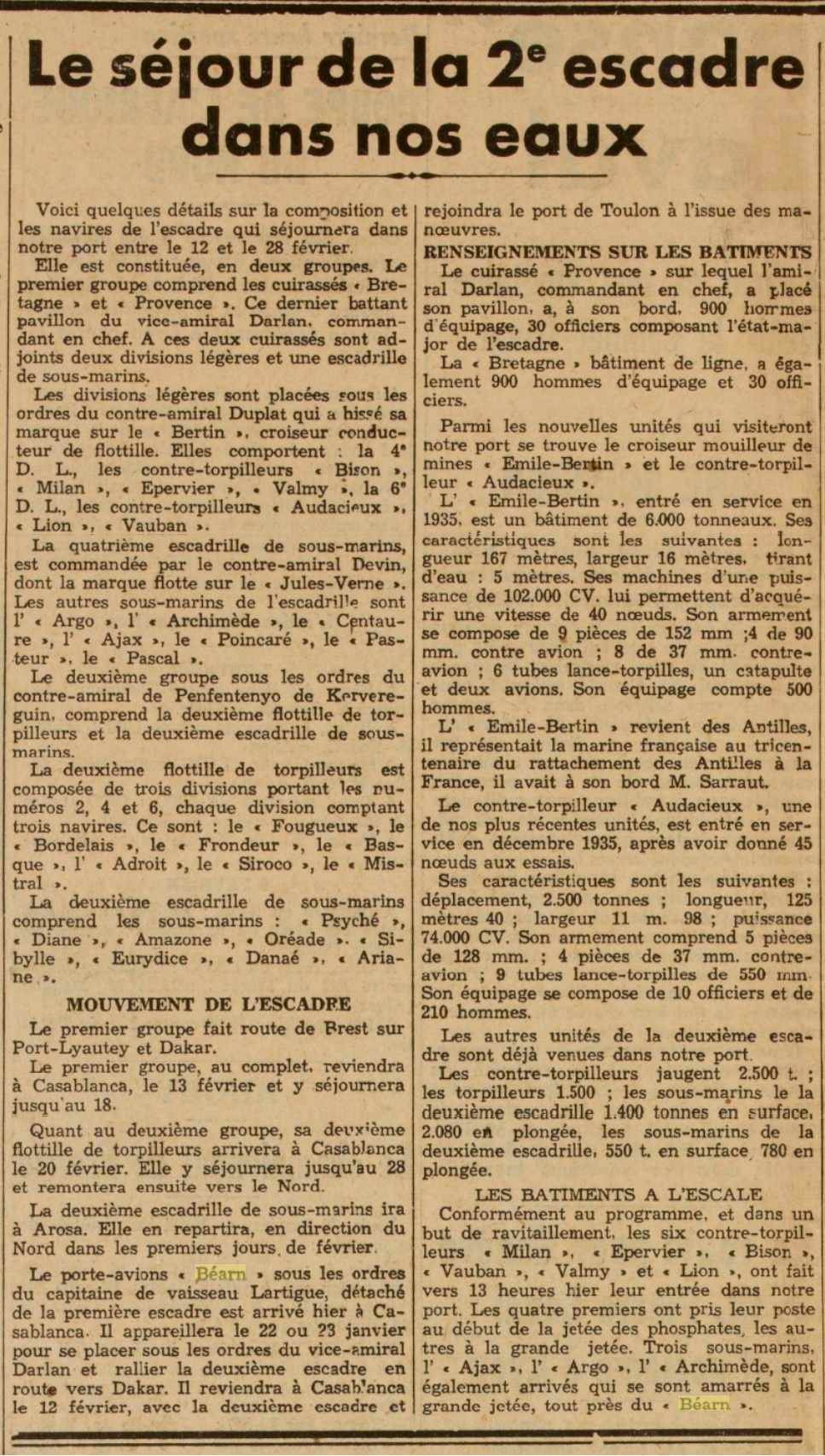  L'actualité du navire Béarn au travers de la presse (années 36 à 39)   19360117