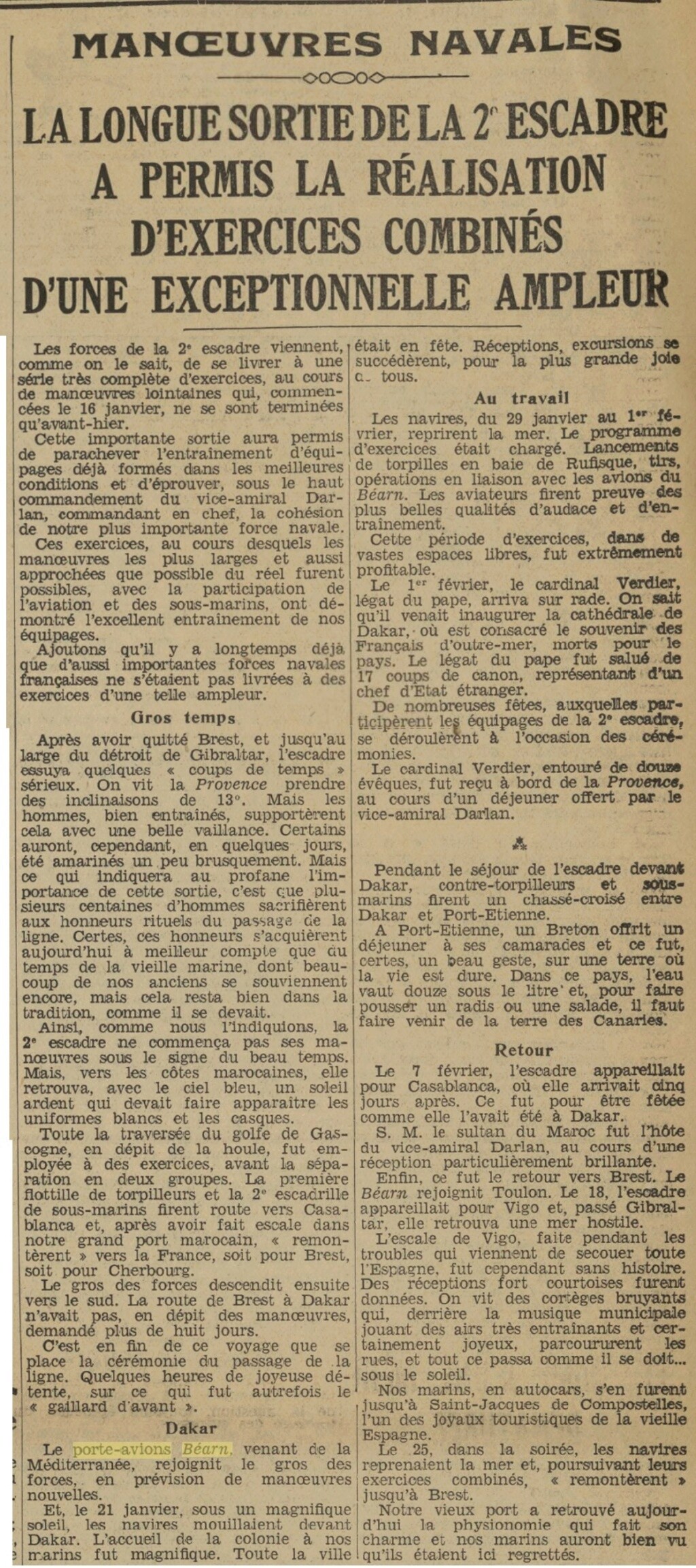  L'actualité du navire Béarn au travers de la presse (années 36 à 39)   19360230