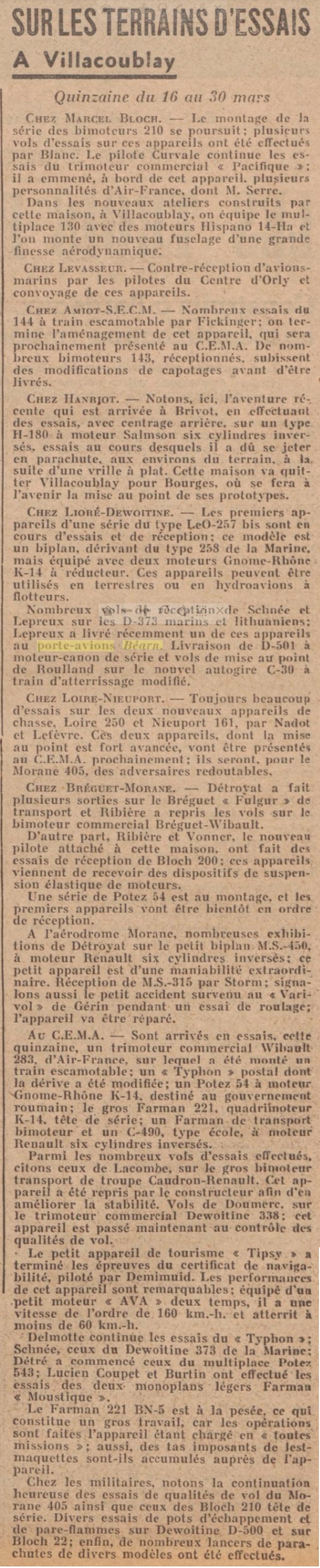  L'actualité du navire Béarn au travers de la presse (années 36 à 39)   19360412