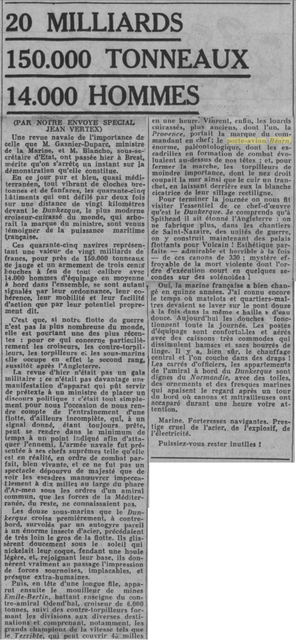  L'actualité du navire Béarn au travers de la presse (années 36 à 39)   19370529