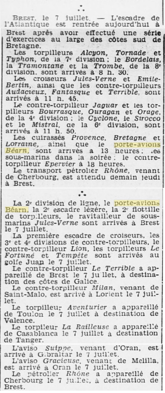  L'actualité du navire Béarn au travers de la presse (années 36 à 39)   19370711