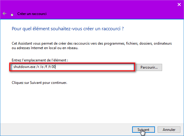 Windows 10 : créer un raccourci pour options de démarrage avancé 0510