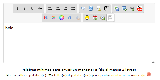 Valor mínimo de palabras antes de poder enviar un mensaje In10