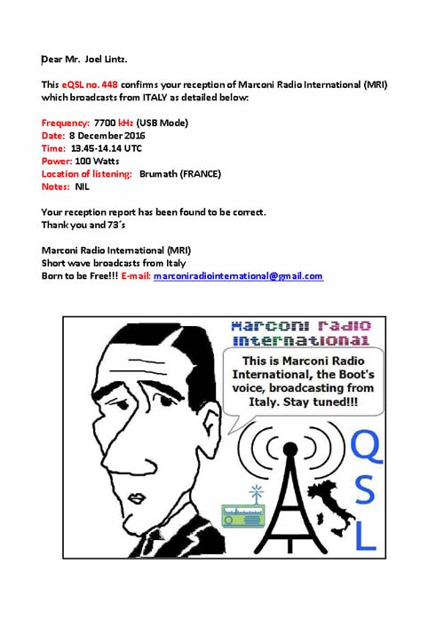 eQSL de Radio MRI ( Radio Marconi Int. ) Qsl44810