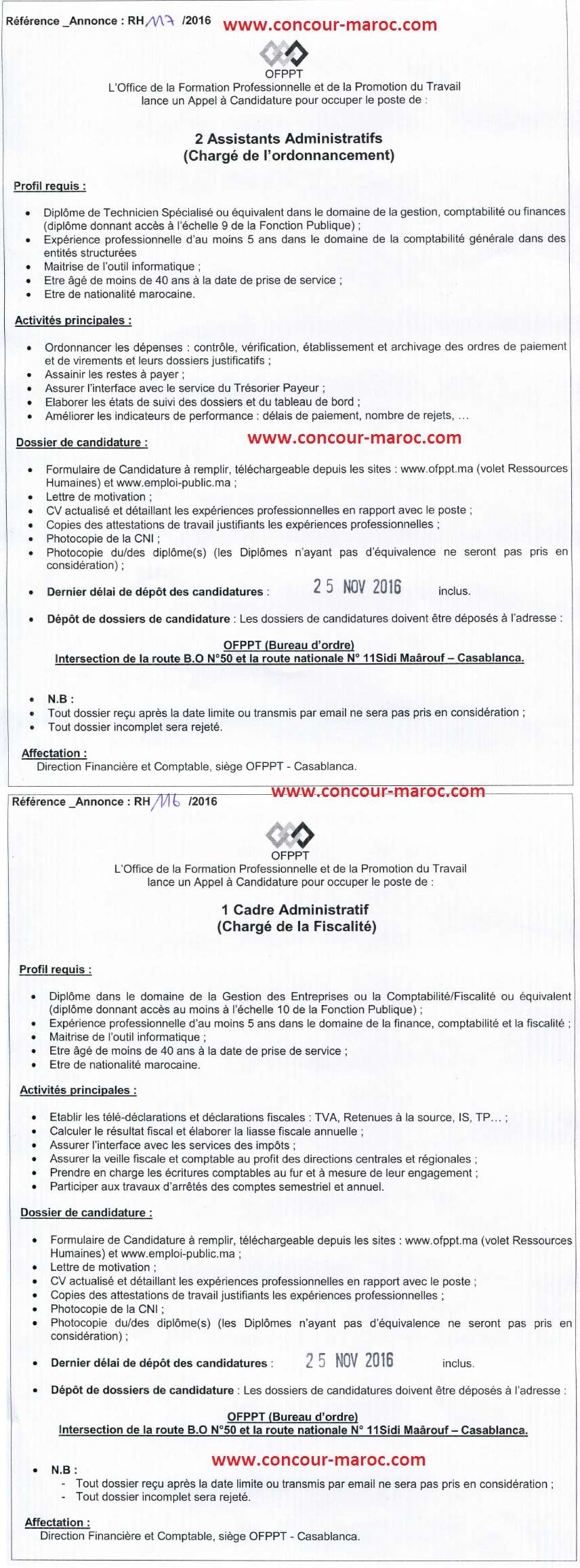 مكتب التكوين المهني وإنعاش الشغل : مباراة لتوظيف مساعد اداري مكلف بشؤون المتدربين (45 منصب) و مسؤول التخزين (12 منصب) و اطار اداري مكلف بالظرائب (1 منصب) و مساعد اداري (2 منصبان)  و محاسب (2 منصبان) آخر أجل لإيداع الترشيحات 25 نونبر 2016 Concou39
