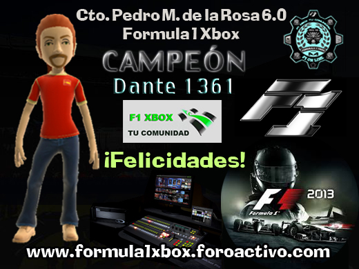  ¡ CAMPEÓN ! / F1 2013 - XBOX 360 / CPTO. PEDRO MARTÍNEZ DE LA ROSA 6.0 / YOUR WAY - F1 XBOX / CAMPEÓN, CLASIFICACIÓN Y PODIUM FINAL / NOVIEMBRE DE 2016.   Fa610