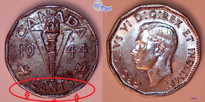1944 - Légende Avers, Dépôt sur le lettrage & tranche aiguë  5_cent10