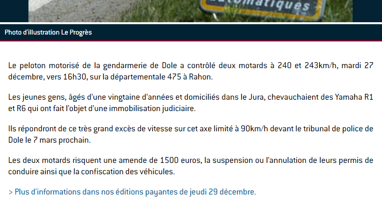 Deux motards contrôlés dans le Jura à plus de 240km/h Captdd14