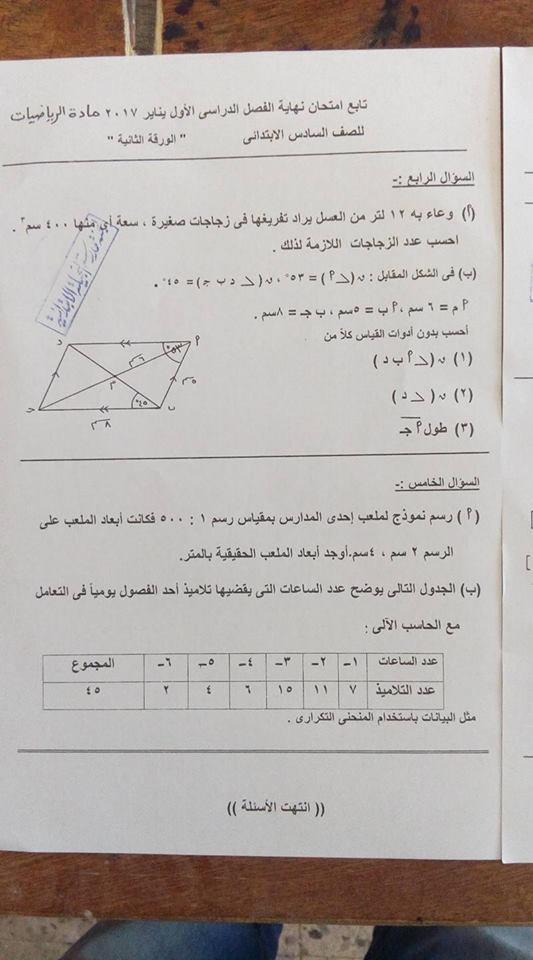 امتحان الرياضيات للصف السادس الابتدائي نصف العام 2017 - محافظة مطروح 01211