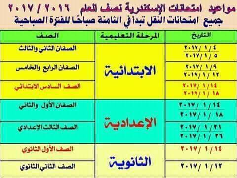 جدول امتحانات محافظة الاسكندرية  نصف العام 2017 056610