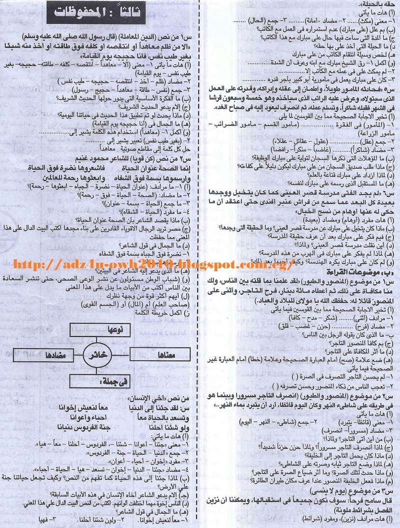 توقعات الجمهورية لامتحان نصف العام 2017 - لغة عربية الصف السادس الابتدائي 1021