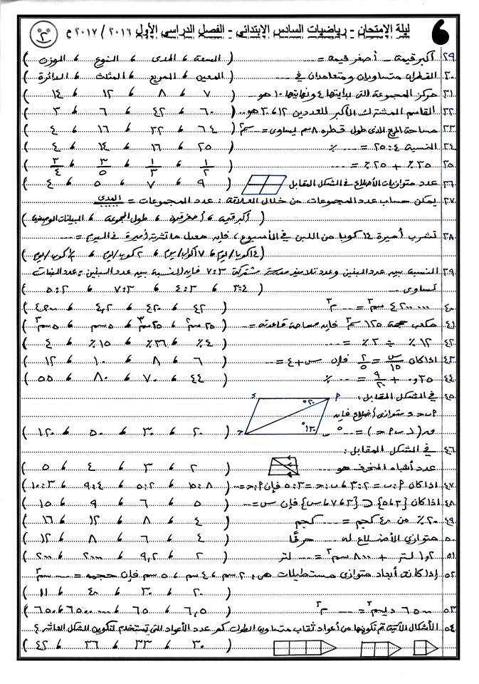 اقوى 5 ورقات مراجعة ليلة امتحان الرياضيات للصف السادس الابتدائي ترم أول