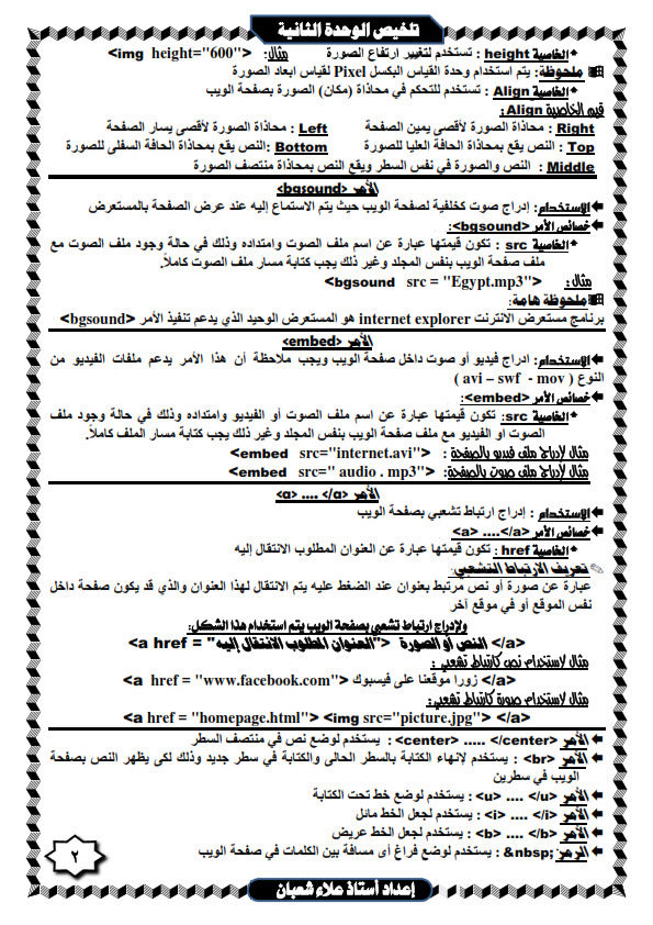 تلخيص حاسب آلي الوحدة الثانية لغة html للصف الثاني الاعدادى الترم الأول في ورقتين بس
