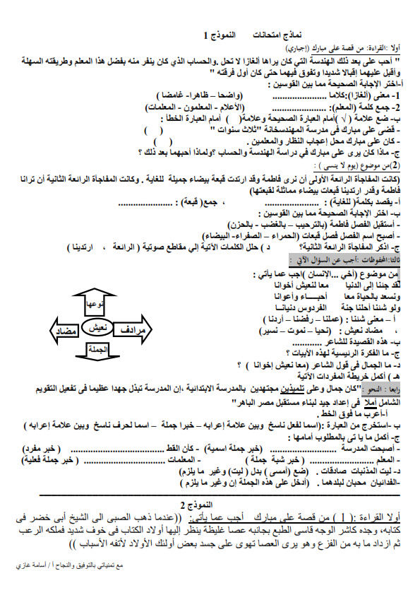 أقوى 24 نموذج امتحان لغة عربية للصف السادس الابتدائى ترم أول