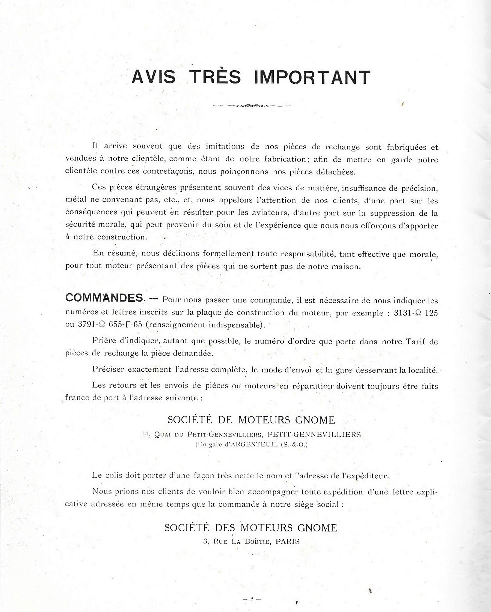 Tarif des pièces détachées des moteurs d'aviation GNOME 1913 217