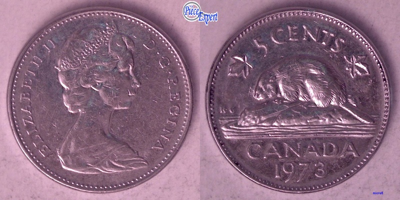 1973 - Coin décalé avec doublure de vibration Avers (Die Shift & Bouncing Die) 5_cent33