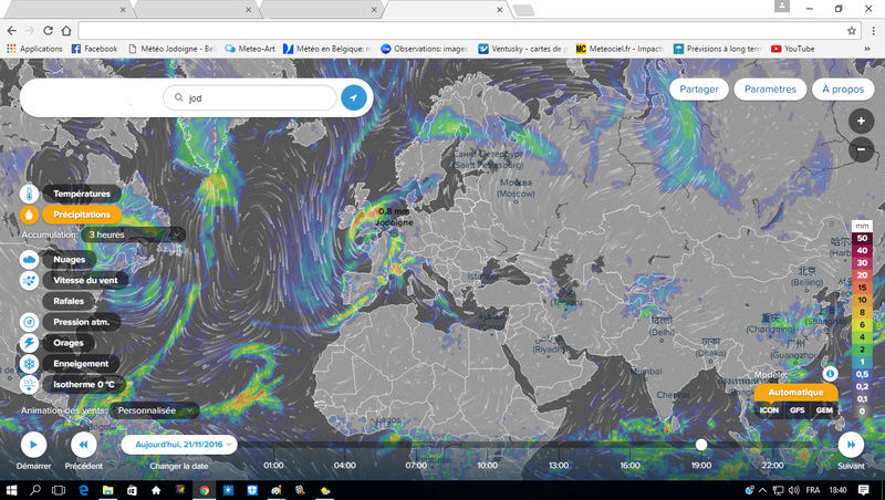 Observation Radar Lundi 21/11/2016 18h40 Precip13