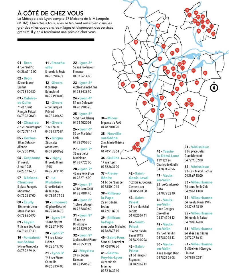 Carte et adresses des Maisons du Rhône qui deviennent les Maisons de la Métropole de Lyon La_car10