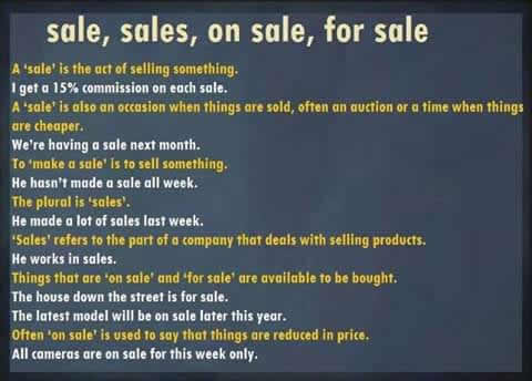 Uses of sale, sales, on sale, for sale Uses-o10