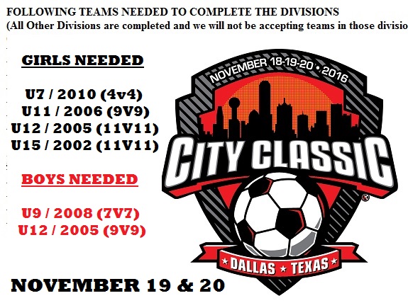 6 more teams needed for City Classic on Nov 18 & 19 City_c11