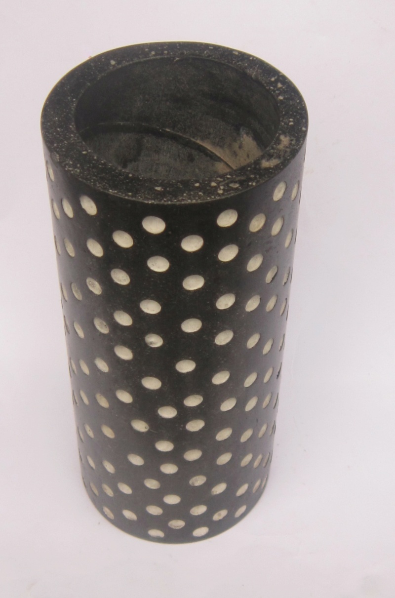 Heavy black stone cylinder vase with incised white polka dots Dot210