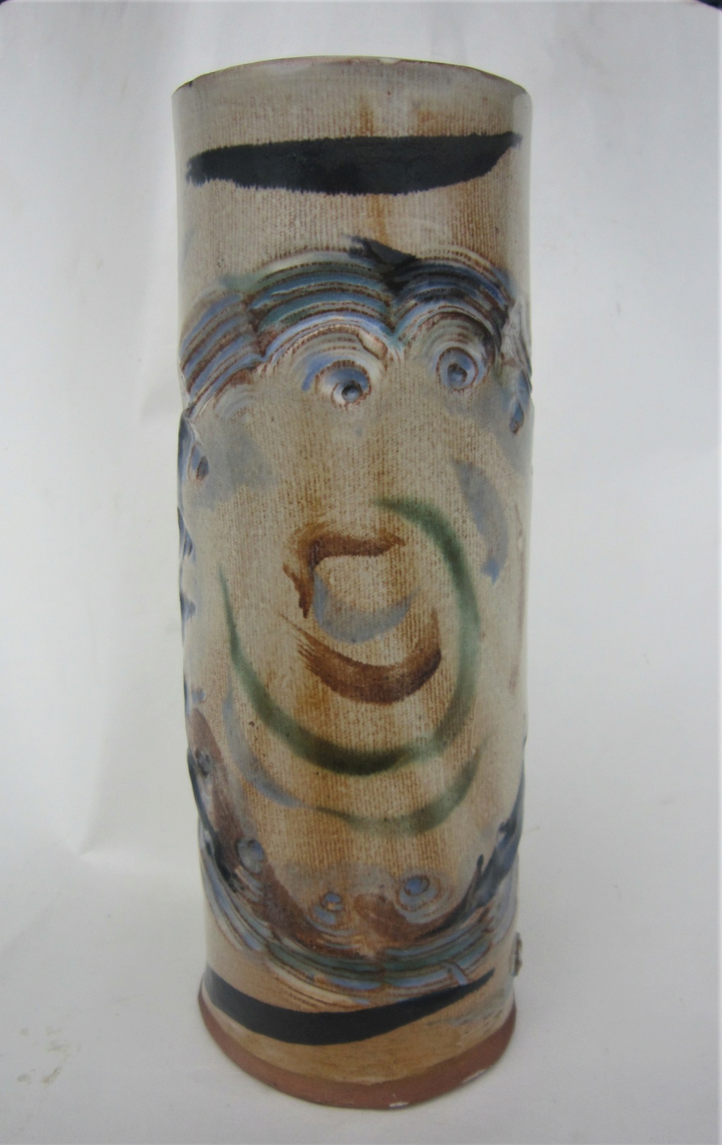 Incised studio pottery cylinder vase, deer or MP mark Unp110