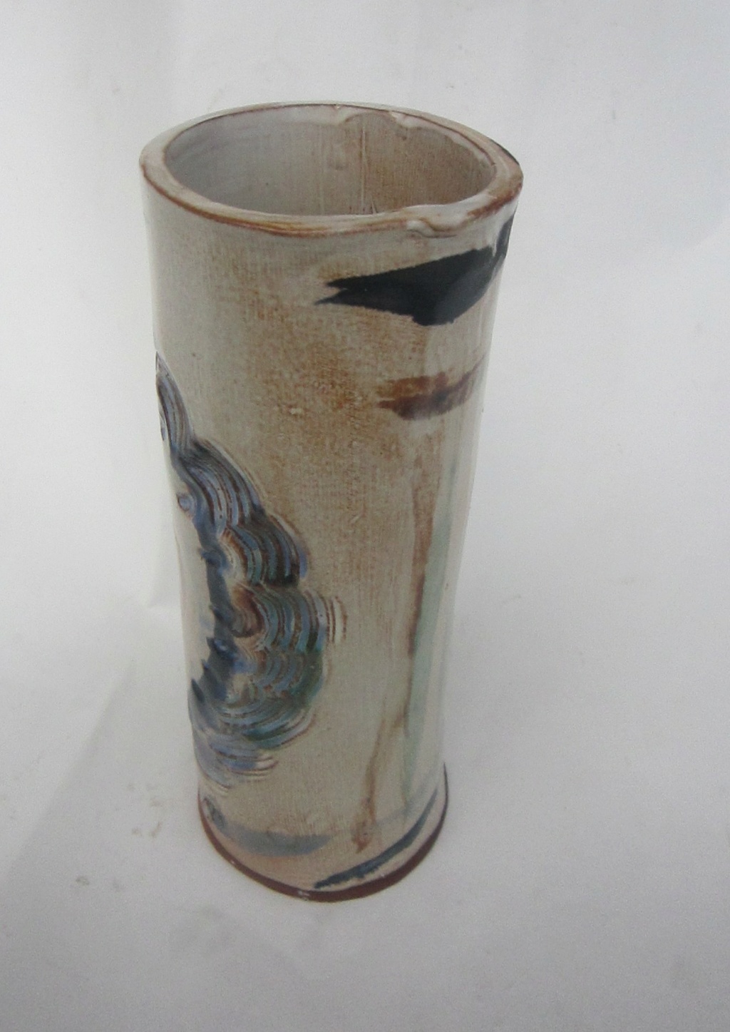 Incised studio pottery cylinder vase, deer or MP mark Unp210