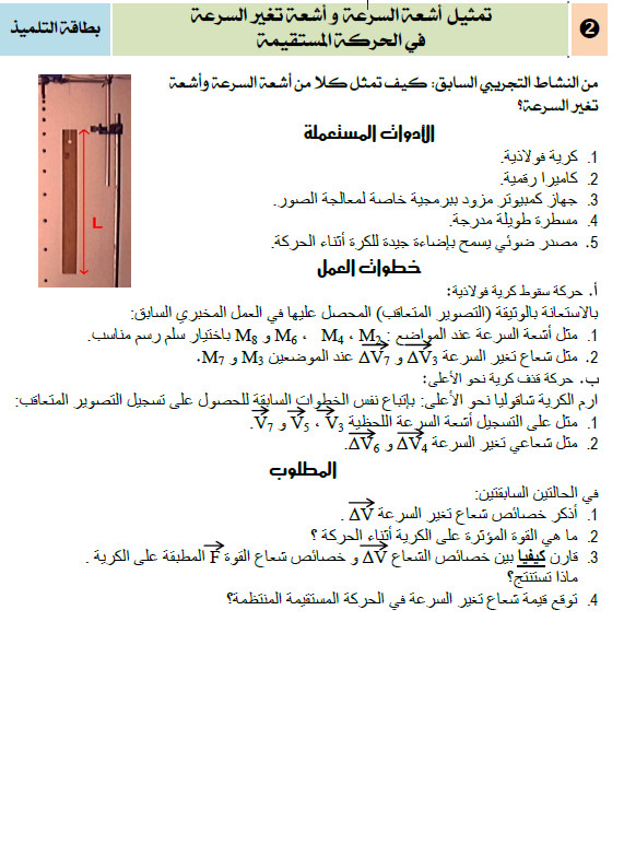 بطاقة العمل التطبيقي 2 في الفيزياء :تمثيل أشعة السرعة و اشعة تغير السرعة في حركة مستقيمة Bandic27