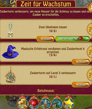 -> 3: Neue Anliegen/ Mehr Mana/ Zeit für Wachstum/ Tierhaltung 1-3/3 / Pfoten und Schwanz 1-4/4/ Einzugsfeier 1-4/4 Quest_87