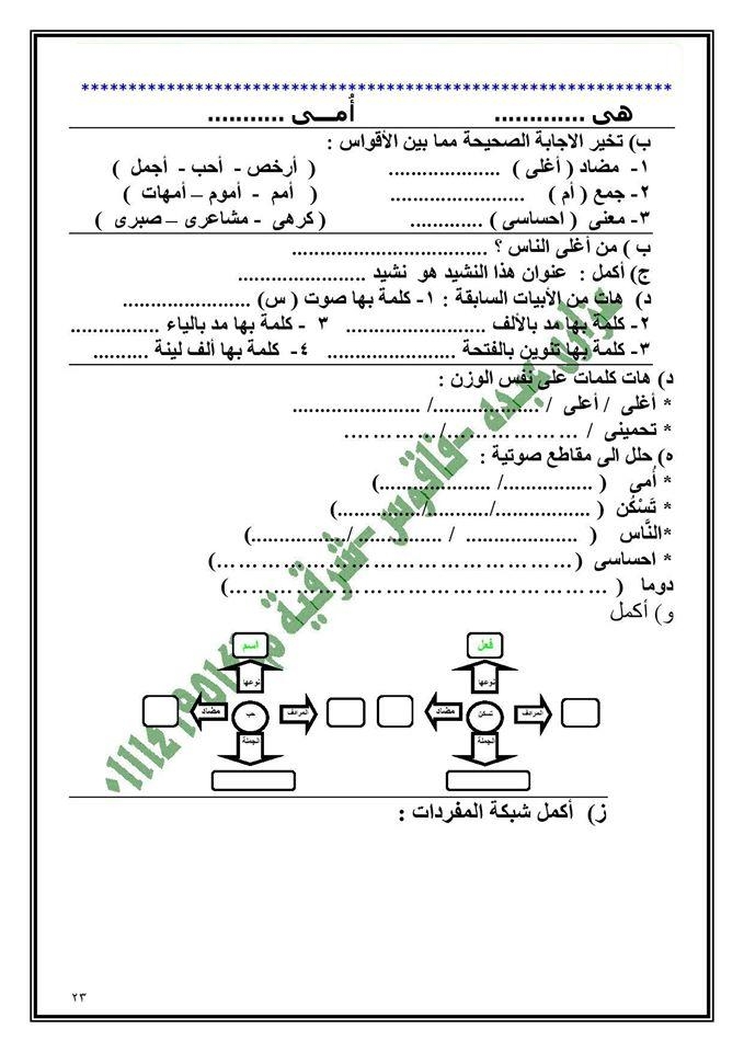 مذكرة في اللغة العربية للصف الأول الابتدائي الترم الثاني 2113
