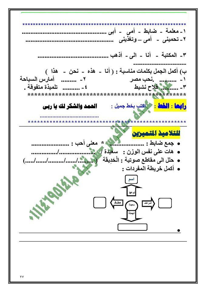 مذكرة في اللغة العربية للصف الأول الابتدائي الترم الثاني 2512