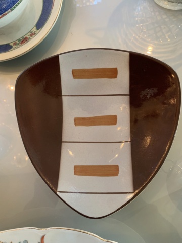 Triangular decorated plate (art deco? 50s? No idea). Mark: A Img_4917