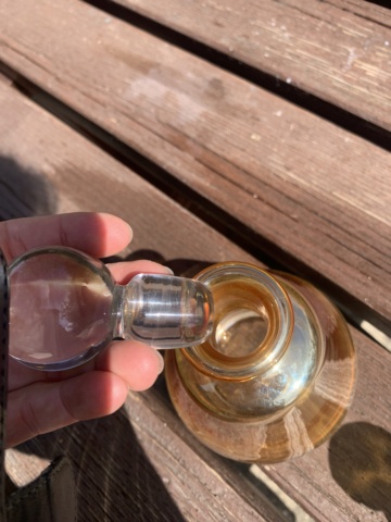 Iridescent gold/clear french (?) perfume bottle with engraved mark Img_6015