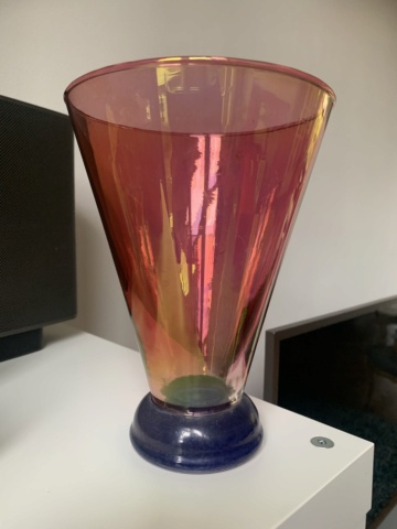 Cranberry iridescent vase with heavy blue base Img_8910
