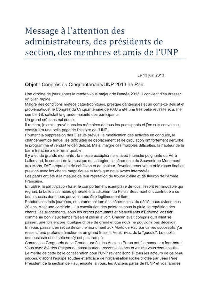 message du Général Piquemal suite au Congrès du Cinquantenaire de l’UNP 2013 à Pau (30-31 Mai – 1er Juin) Lettre10